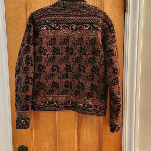 Icelandic Design Floral Fall Colors Wool Zip 90's Cardigan Sweater Jacket, Sz S - Picture 10 of 12
